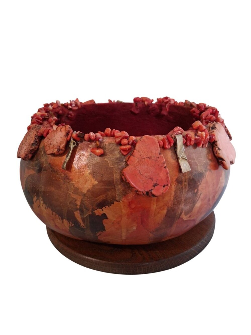Signed Handmade Gourd Bowl With Coral Colored Stone Accents